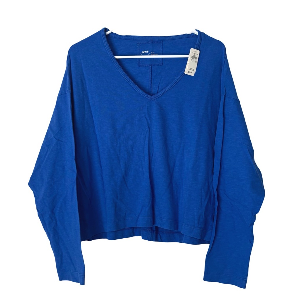 aerie Long Sleeve Slouchy Oversized V-Neck T-Shirt in cobalt blue